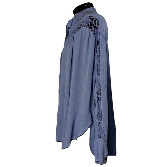 Free People Purple Tunic Blouse XS Long Sleeve Button Down Casual Office Crochet - Picture 2 of 7